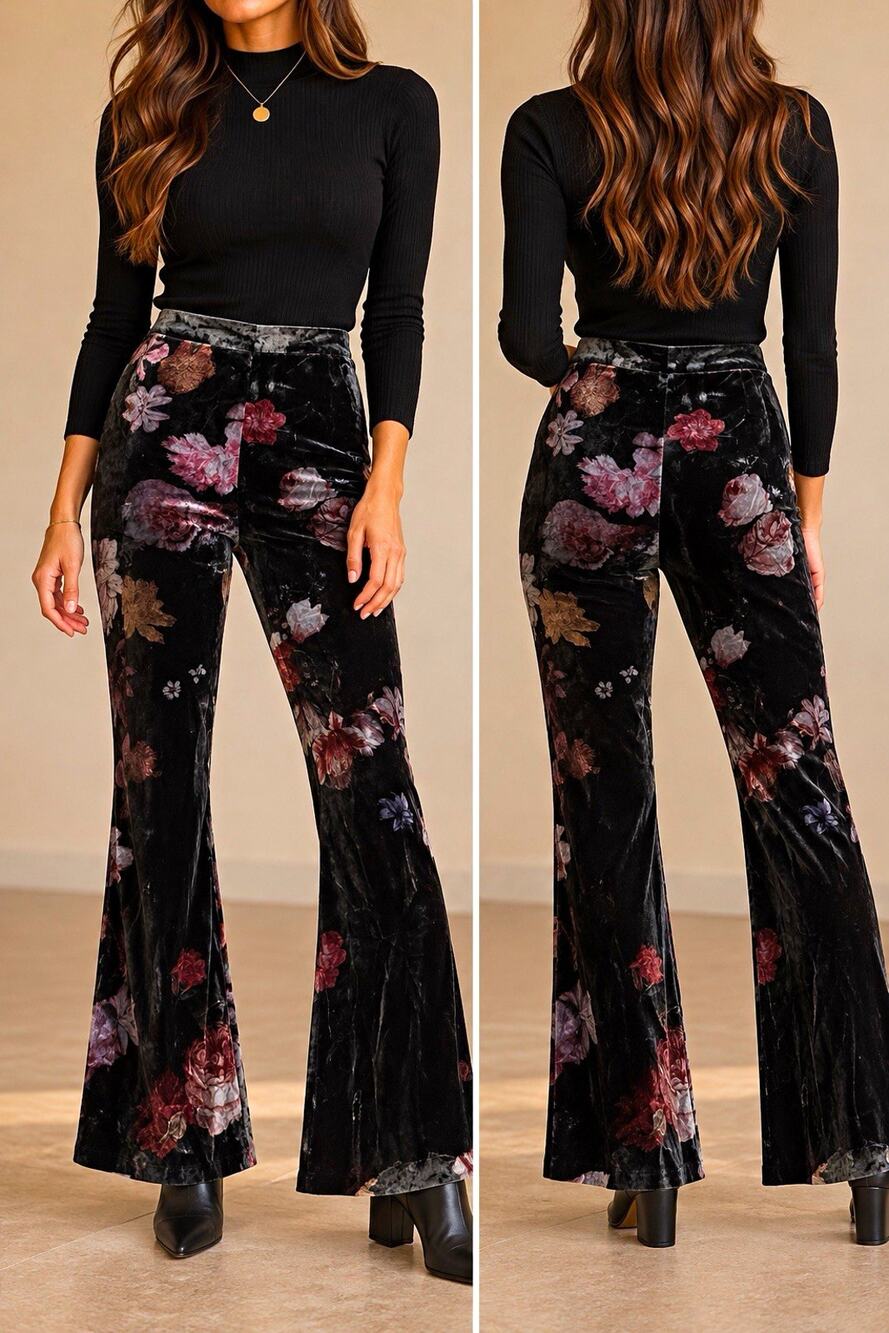 Adria Moss Women’s Black Floral Velvet Flared Dress Pants Sz 4